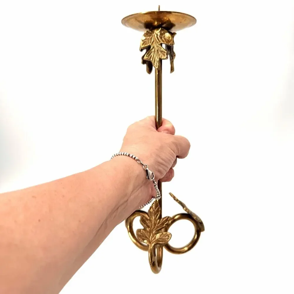 Vintage Tall Brass Pillar Candle Holder Leaf Design with Character